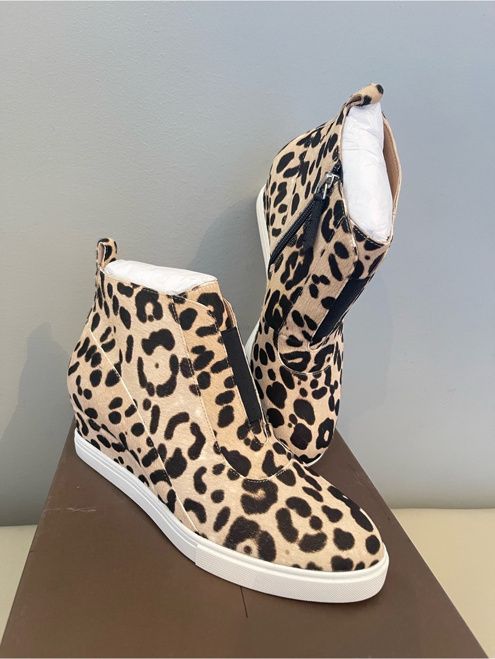 Paolo Leopard Print Wedge Sneaker Boot - Beige/Black